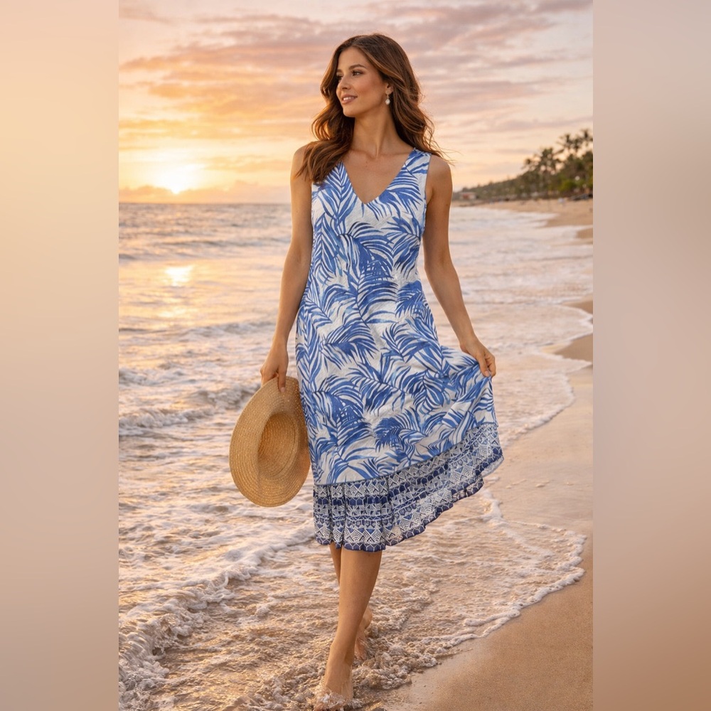 Beautiful lightweight sundress S, blue white tropical NWT $100 MSRP 20” p2p.